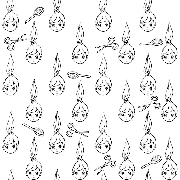 Seamless pattern with with a children's face, scissors and comb. Black and white linear vector