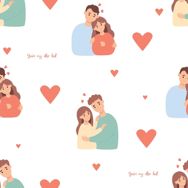 Seamless pattern with with love and people Happy loving couple on white background with heart