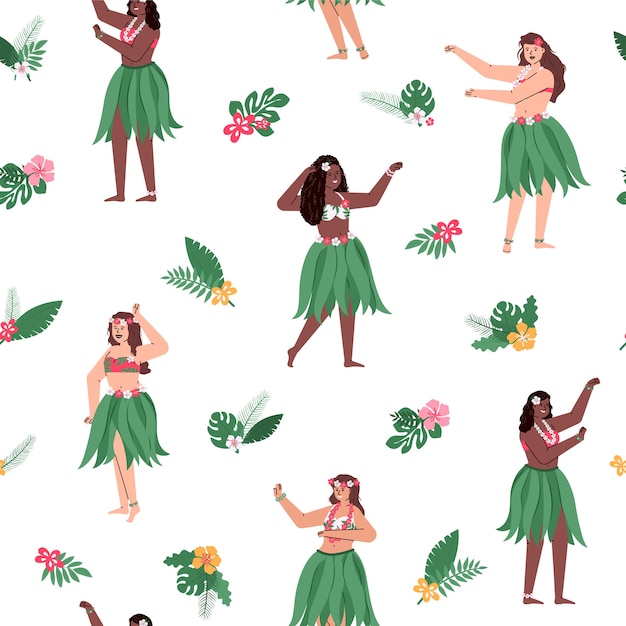 Vector seamless pattern with women hawaiian hula dancers and tropical leaves,  decorative endless background with hawaiian repeatable motive.