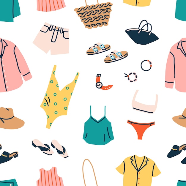 Seamless pattern with women summer clothing. Endless background with beach garments, fashion accessories for travel. Repeating print with swimsuits, bikini, bag, hat. Flat graphic vector illustration.