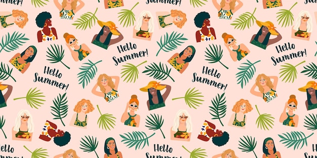 Seamless pattern with women in swimsuit and tropical plants.