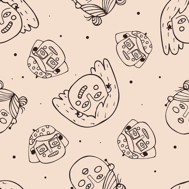 seamless pattern with womens faces in doodle style