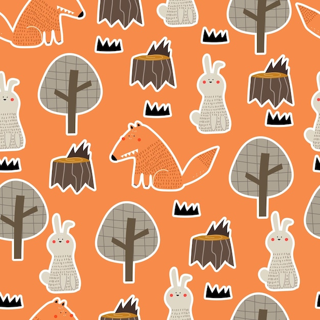 Seamless pattern with woodland fox hare decor elements