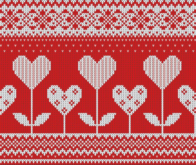 Modello senza cuciture con trama in maglia di lana sul tema di san valentino con un'immagine dei motivi e dei cuori norvegesi.