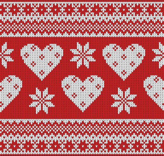 Seamless pattern with wool knitted texture on the theme of Valentine's Day with an image of the Norwegian patterns and hearts.