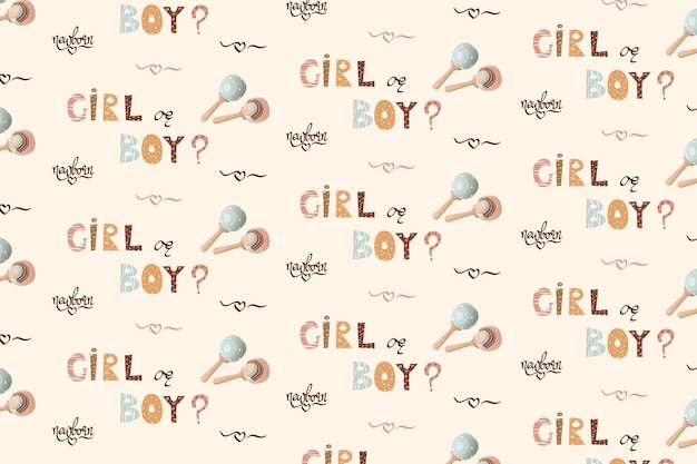 Seamless pattern with the words girl boy and rattles Vector illustration flat