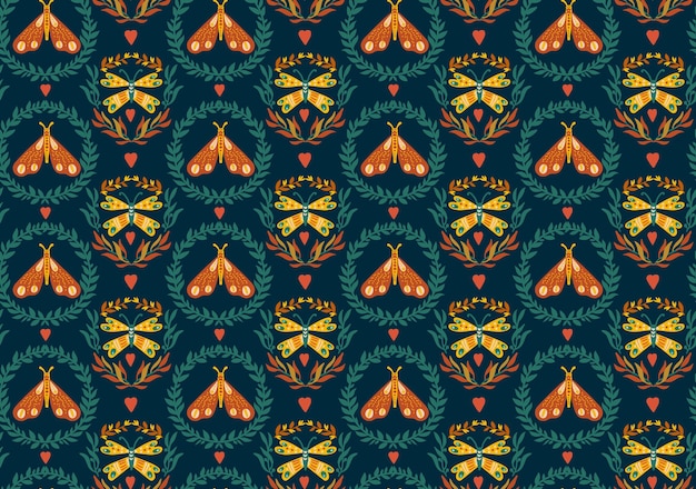 Seamless pattern with wreaths and lunar moths in green and orange Folk Sknavinsky style Boho