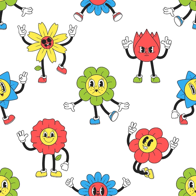 Seamless Pattern with Y2k Flower Characters Vibrant and Playful Nostalgic Design Features Retroinspired Blooms