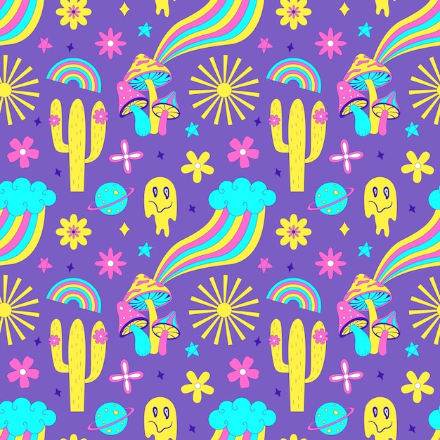 Seamless pattern with y2k style elements acidic vivid neon colorsbright youth pattern with symbols of the 70s mushrooms cactus melting face rainbow flowers vector illustration on purple