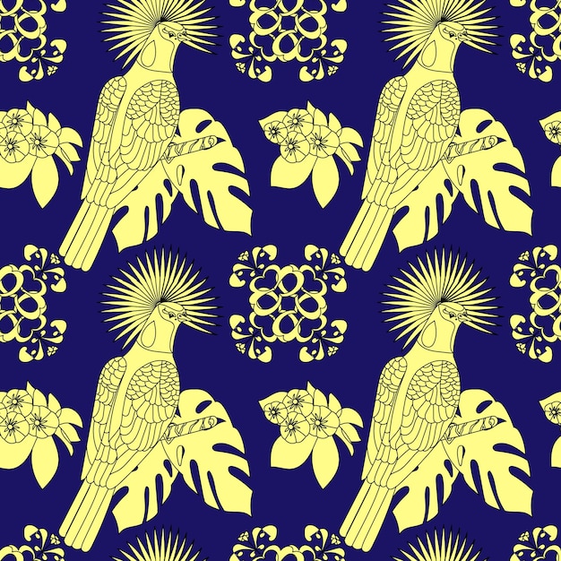 Vector seamless pattern with yellow birds on dark blue background, home textiles