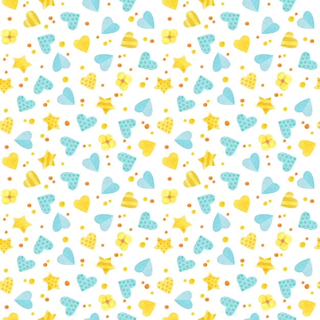Бесшовный узор с желтыми и синими сердцами и звездами Фон для украшения детской вечеринки