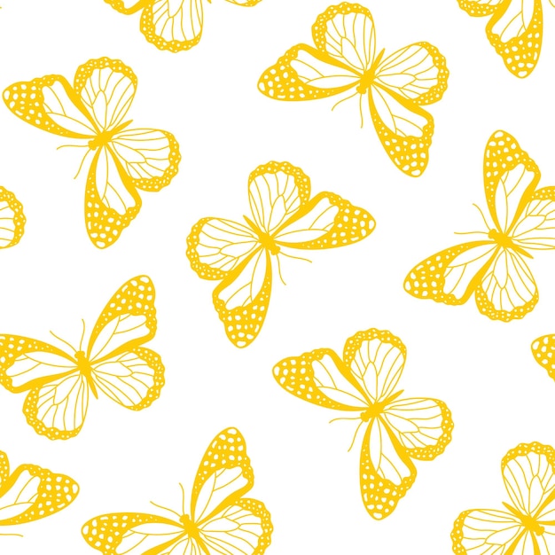 Seamless pattern with yellow butteflies and white background.