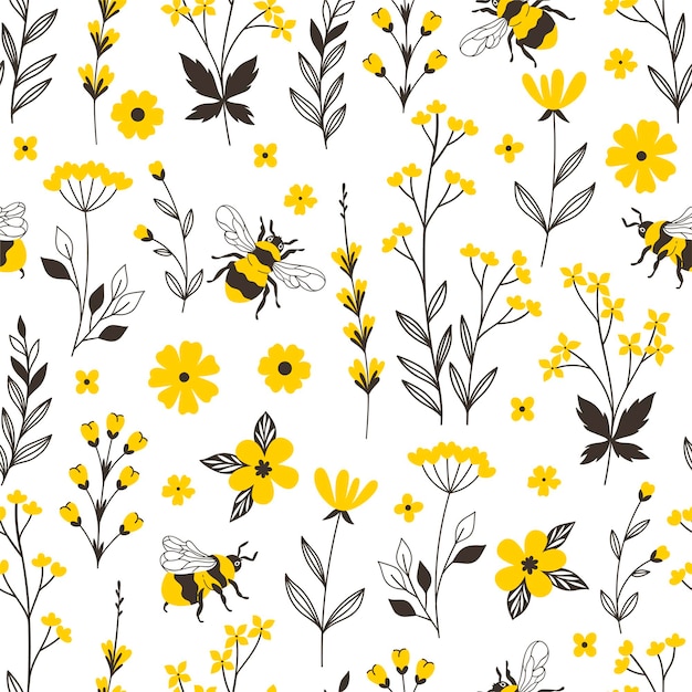 노란색 꽃과  ⁇ 벌로 이루어진 원활한 패턴  ⁇ 터 그래픽
