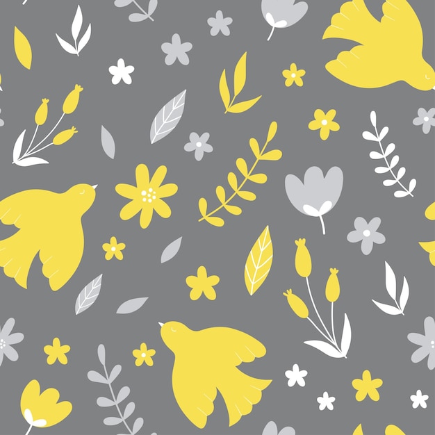 Бесшовный узор с желтыми цветами и птицами на сером фоне. Дудл-иллюстрации
