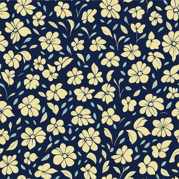 A seamless pattern with yellow flowers on a dark blue background.