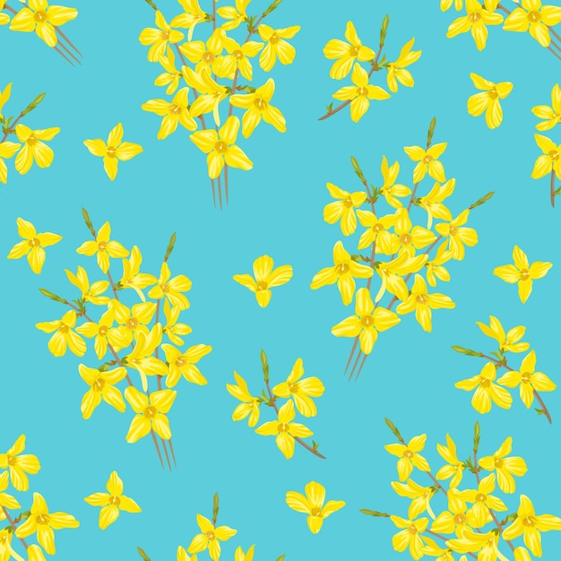 Vector seamless pattern with yellow forsythia flowers on blue background.