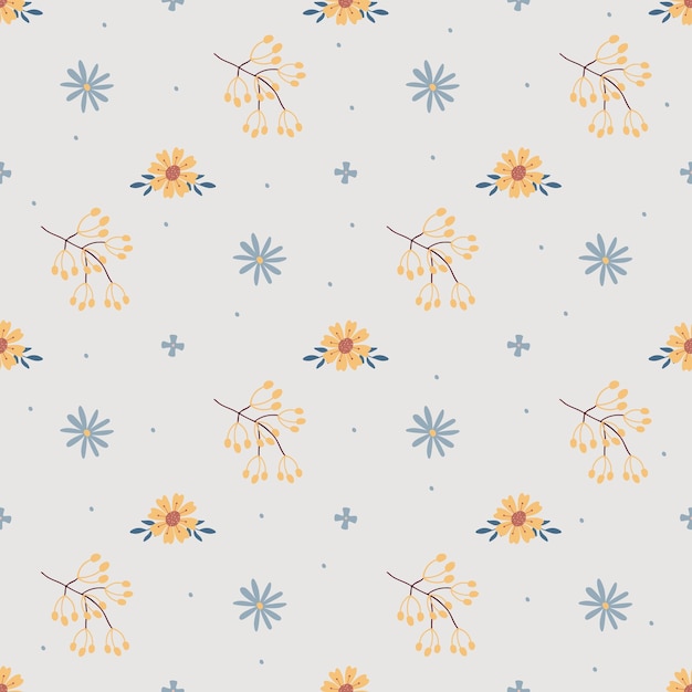 Seamless pattern with yellow leves and blue flowers