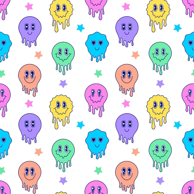 Seamless pattern with yellow melting emoticons on white background