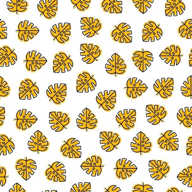Seamless pattern with yellow outline monstera leaves,.