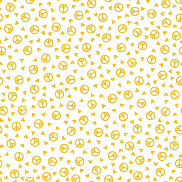 Vector seamless pattern with yellow peace signs and hearts