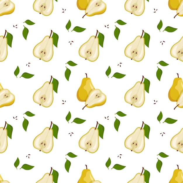 Seamless pattern with yellow pear. Print from whole and half healthy fruits. Background from sweet food for diet. Vector flat illustration