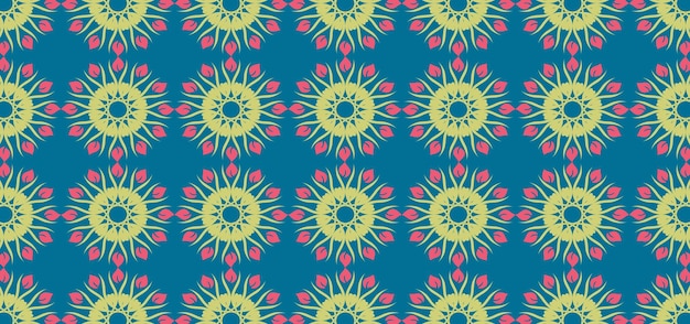 a seamless pattern with yellow and pink flowers on a blue background.