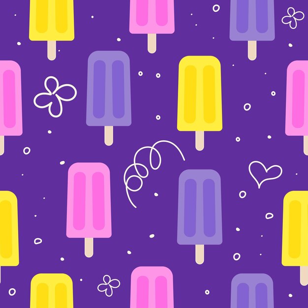 Seamless pattern with yellow pink violet fruit ice icecream colors with one line heart flowers