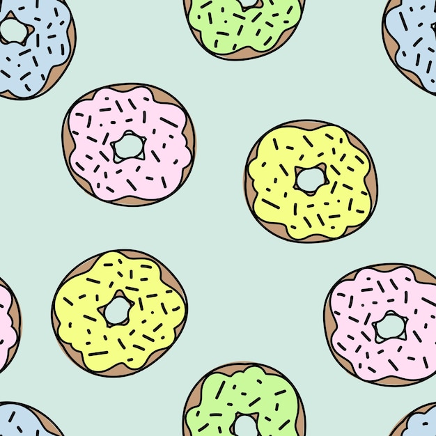 Seamless pattern with yellow and purple donuts hand draw illustration with blue isolated background