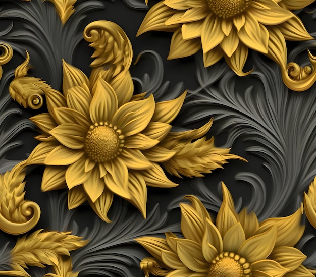 Vector seamless pattern with yellow sunflowers on black background