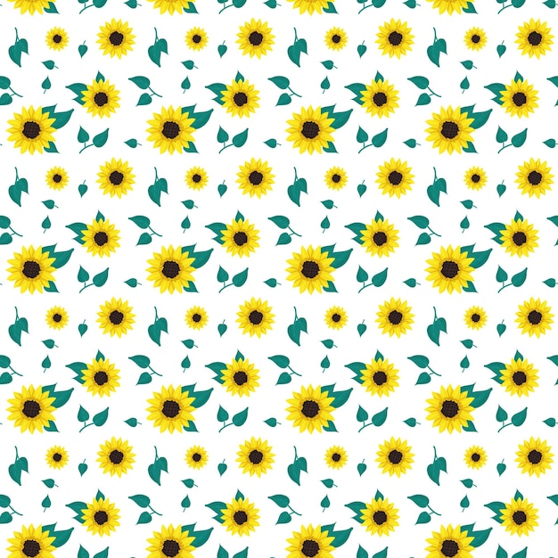 Vettore motivo senza cuciture con girasoli gialli e foglie verdi su sfondo bianco stampa con elemento di pianta naturale per la decorazione e il design illustrazione piatta vettoriale