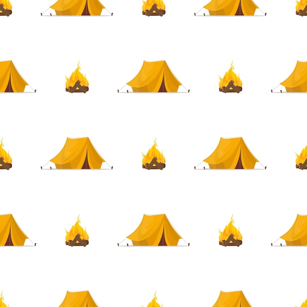 Seamless pattern with yellow tent and bonfire. good on the topic of travel and camping. vector.