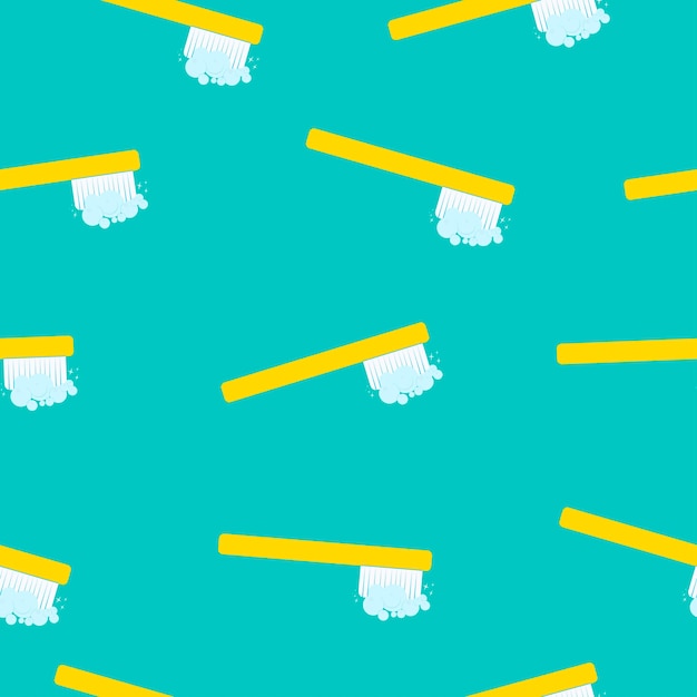 Seamless pattern with yellow toothbrush and toothpaste on blue background.