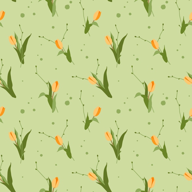 Seamless pattern with yellow tulips on a green background