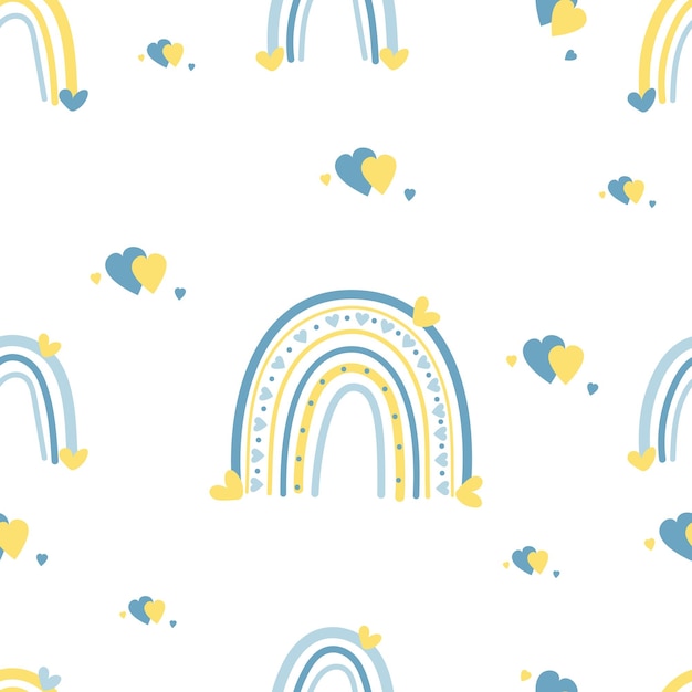 Vector seamless pattern with yellowblue rainbow and hearts on white background vector illustration