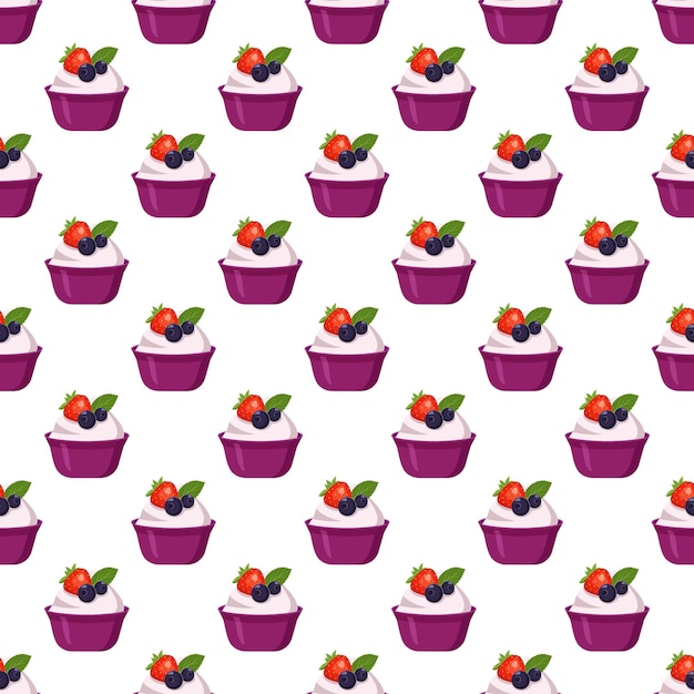 Seamless pattern with yogurt in plastic cup with berries. prion of delicious healthy breakfast or snack. Dairy products, source of calcium. Vector flat illustration