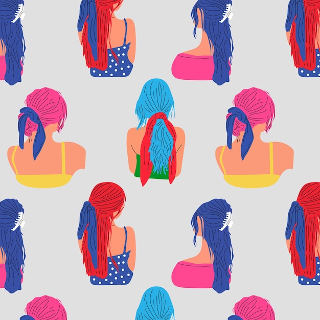 Seamless Pattern with young ladies with various Haircuts and accessories. Look from behind.