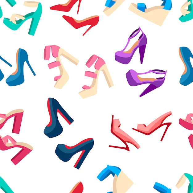 Бесшовные модели. Коллекция женской летней обуви. Комплект обуви на высоком каблуке. Плоские модные кожаные мокасины. иллюстрация на белом фоне.