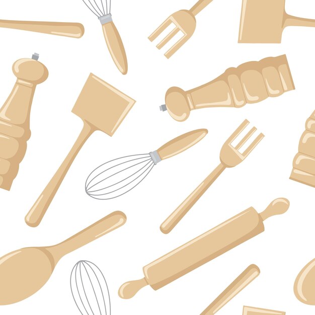 Vector seamless pattern of wooden kitchen tools for cooking