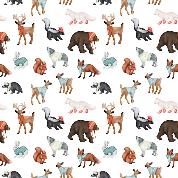 Vector seamless pattern of woodland animals in winter clothes