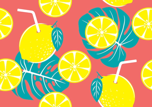 Seamless pattern of yellow lemon and tropical leaves