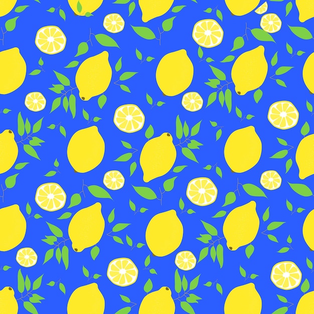 Vector a seamless pattern of yellow lemons with green leaves on a blue background.