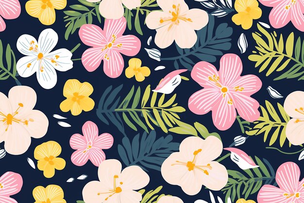 Vector seamless pattern yellow and pink hibiscus tropical flowers on black background
