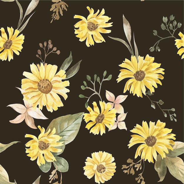 Seamless pattern of yellow watercolor flowers with branches on a dark background