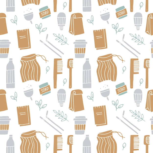 Seamless pattern zero waste, recycle, eco friendly tools, collection of ecology icons.