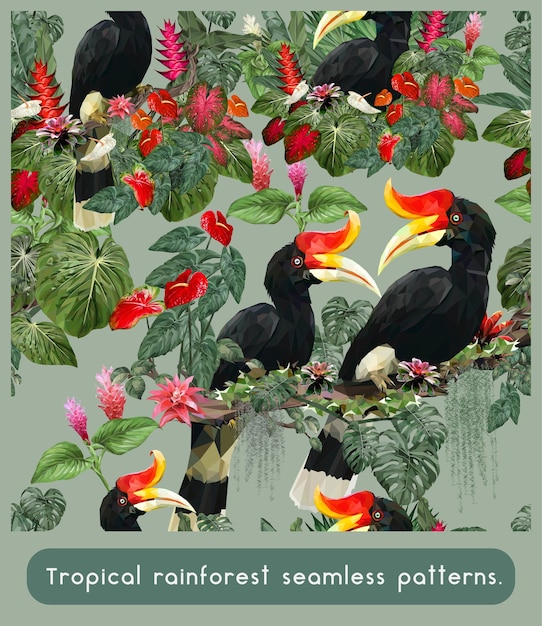 Seamless patterns of Amazon tropical rainforest and colorful Rhinoceros Hornbill birds.