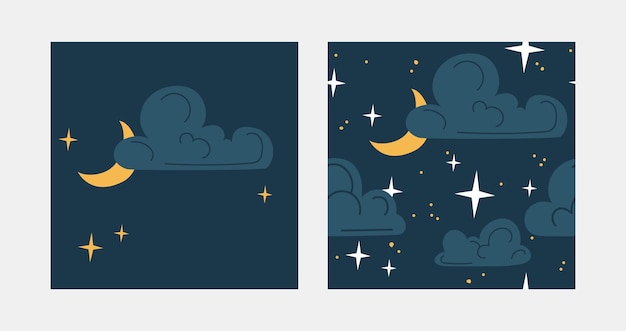 원활한 패턴입니다. 그리고 별도의 삽화. 맑은 날씨 개념입니다. 어두운 배경에 달과 별이 있는 구름. 평면 벡터 일러스트 레이 션.