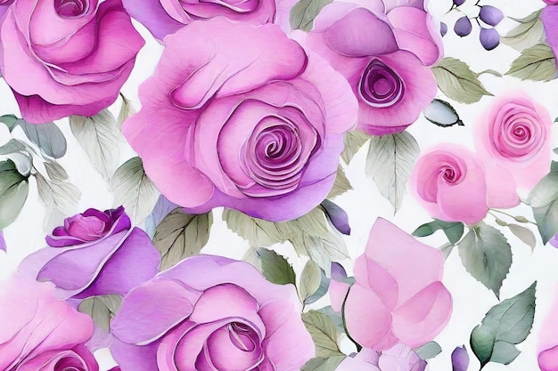 Motivi senza giunture di rami di boccioli di rose e foglie su uno sfondo isolato fiore acquerello