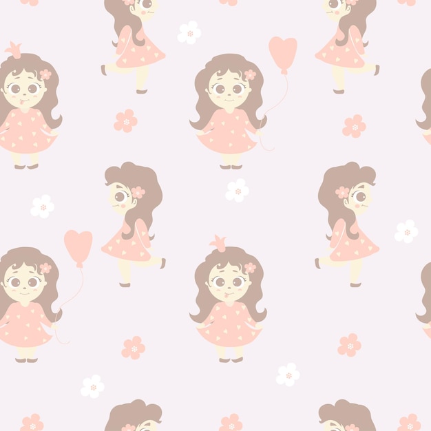 Seamless patterns cute little girl princess with balloon rejoices on pink background kids collection