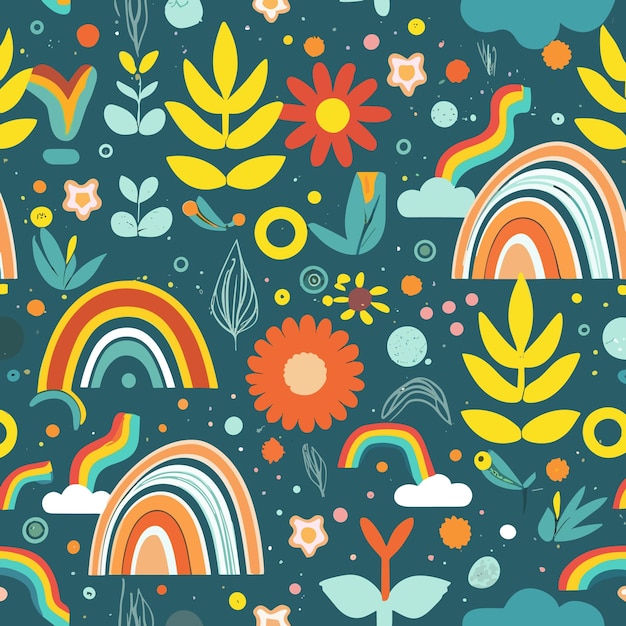Seamless patterns of flowers and trees and rainbows spacethemed repeating patterns design fabric