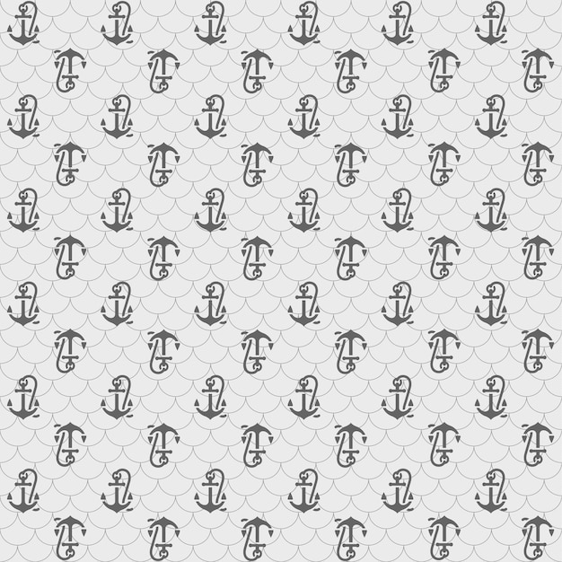 Seamless patterns, gray anchors. Vector illustrations, silhouettes isolated on gray background